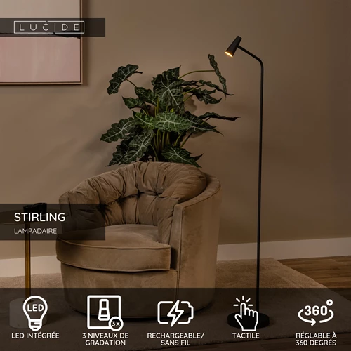 Lucide STIRLING - Lampadaire Rechargeable - Batterie/Piles - LED 3 StepDim - 1x3W 2700K - Noir - USP